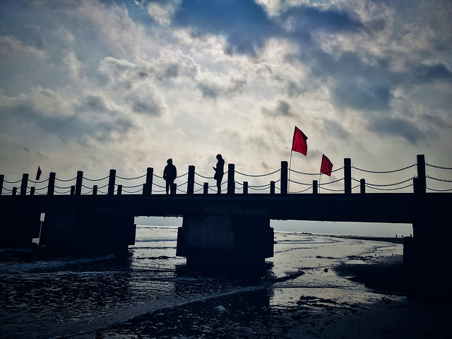 bridge-sunset-water-dawn-beach picture material