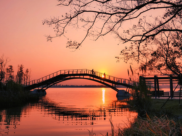 bridge-water-sunset-dawn-reflection 图片素材